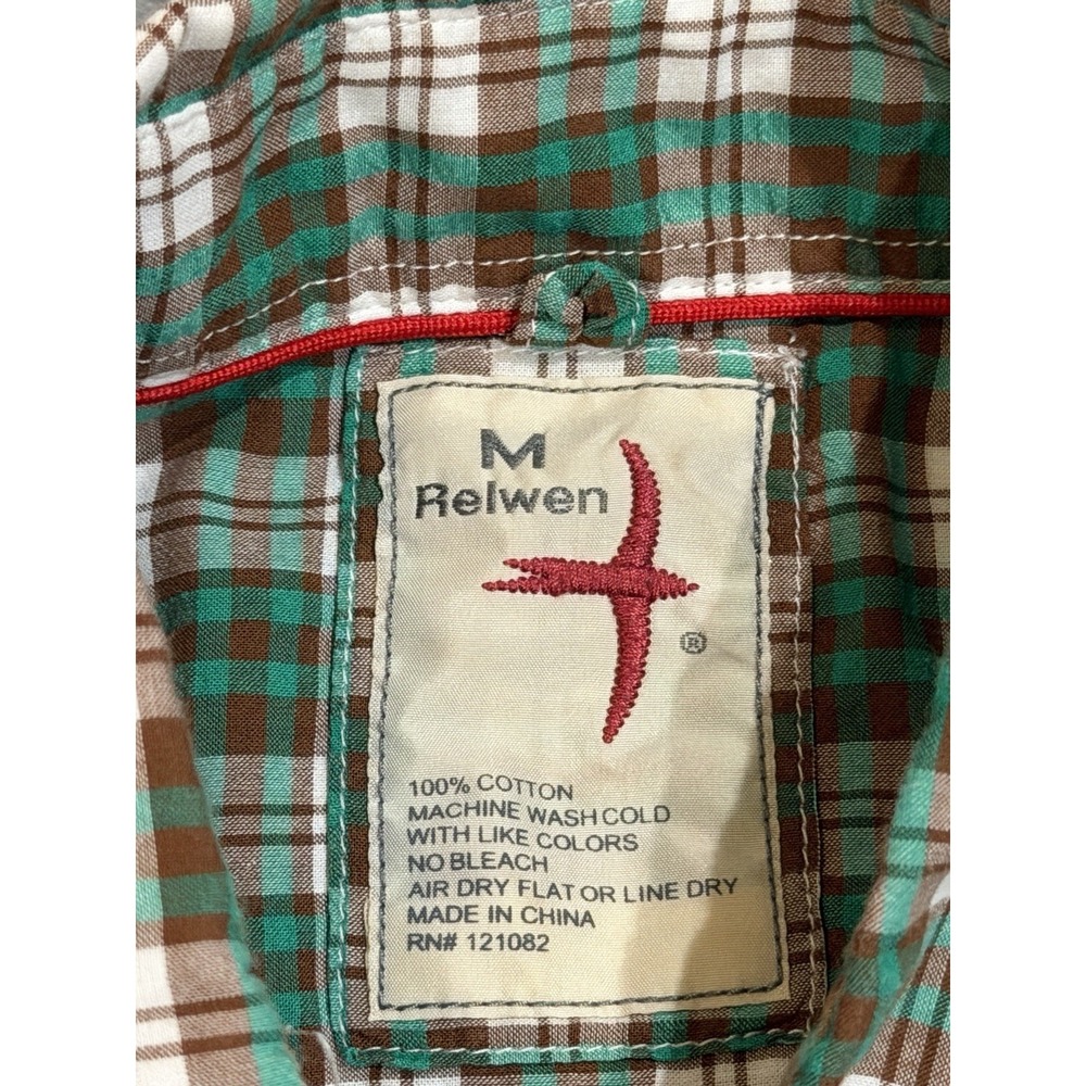 Relwen Shirt Mens Medium Madras Plaid Teal/Brown/White S/S Button Down Cotton - Picture 7 of 8